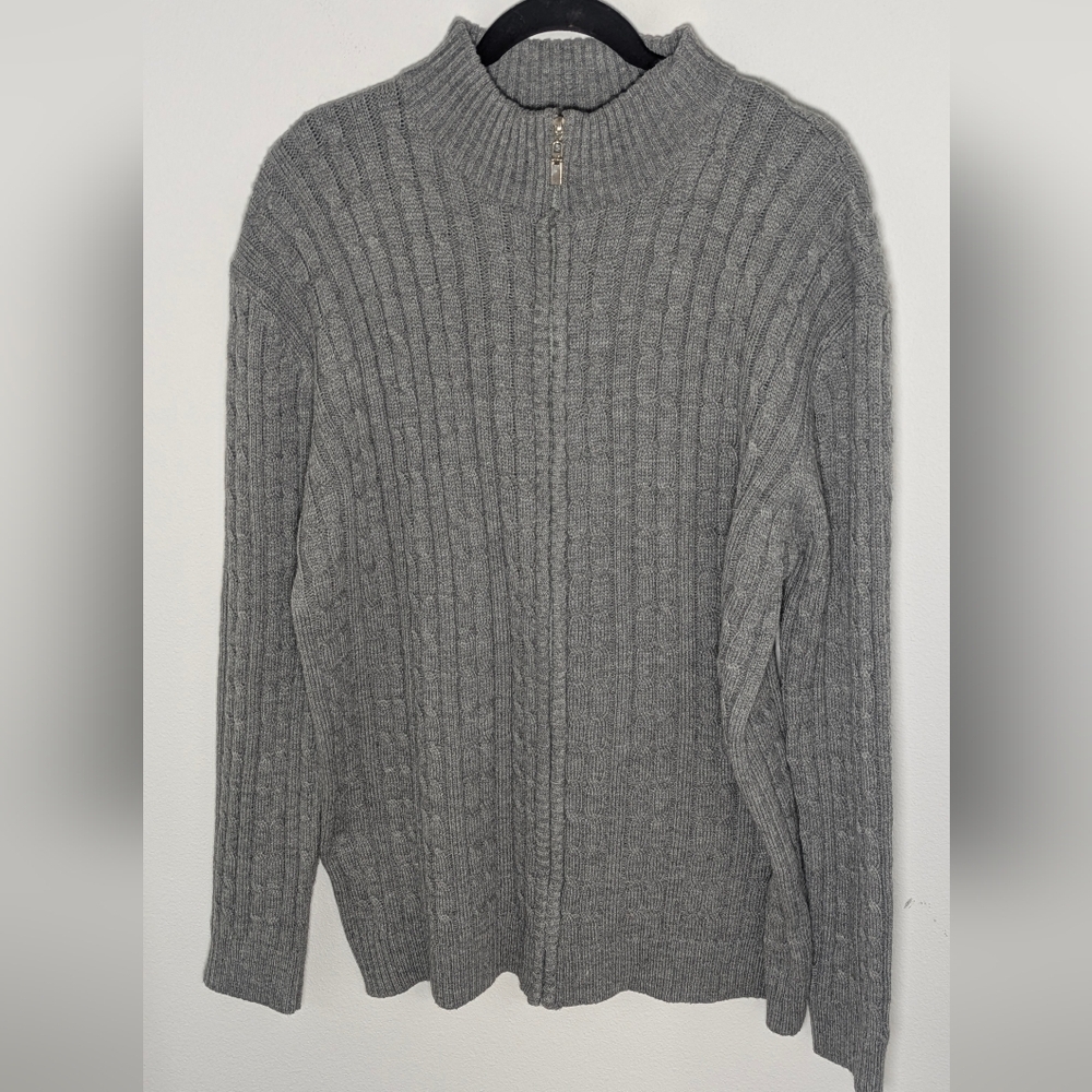 H2H Men's Full Zip Up Cable Knit Sweater Blouse Mock Neck Gray Size XL EUC